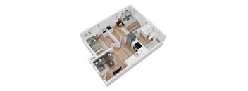 A white floor plan of a small apartment with a kitchen, living room, and bedroom.
