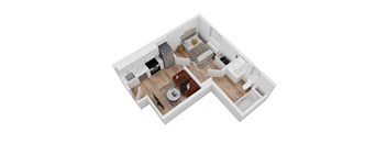 A top-down view of a small apartment with a kitchen, living room, and bathroom.