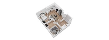 A top down view of a small apartment with a kitchen, living room, and bathroom.
