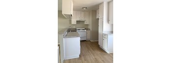 A kitchen with white cabinets and a granite countertop.