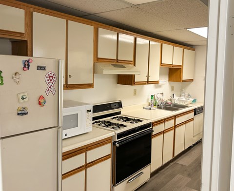 A kitchen with a white fridge and black stove.