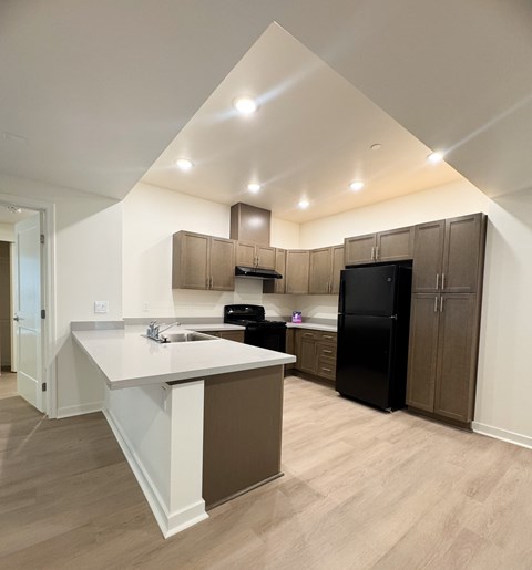 A kitchen with a black refrigerator and brown cabinets.