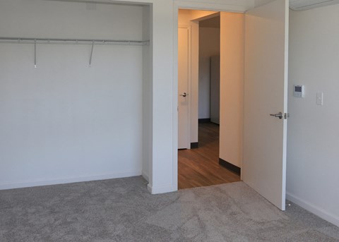 A room with a white wall and a grey carpet.