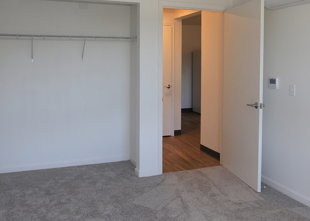 A room with a white wall and a grey carpet.