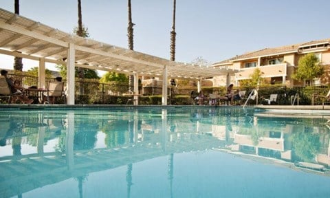 A large outdoor swimming pool with people relaxing on the sun loungers.