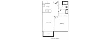 this is a drawing of a floor plan of a 1 bedroom apartments