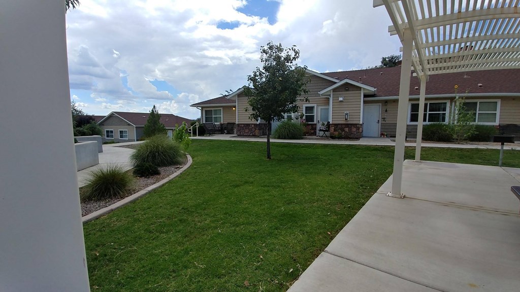 a view of a yard with a house in the background