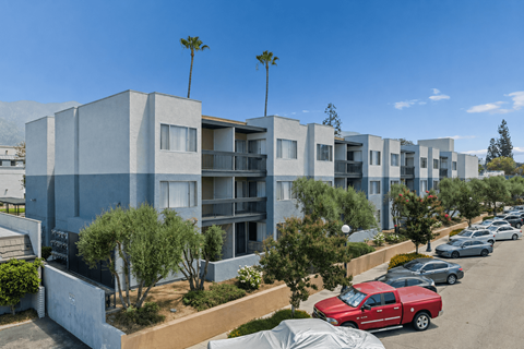 A row of modern houses with trees in front.