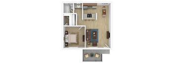 A top-down view of a small apartment with a living room, kitchen, and bathroom.
