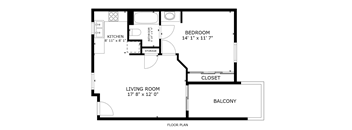 A black and white image of a floor plan for a small apartment.