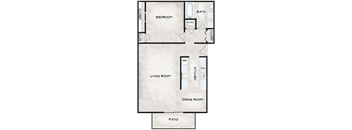 A floor plan of a small apartment with a bedroom, living room, dining room, kitchen, and bath.