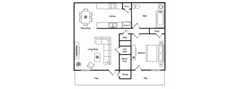 A black and white floor plan of a house with a kitchen, living room, dining room, and bath.