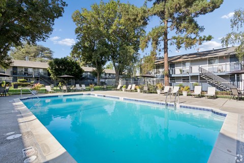 A large swimming pool surrounded by trees and chairs.