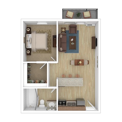 A top-down view of a small apartment with a bedroom, living room, and kitchen.