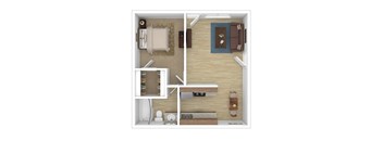 A top down view of a living room with a couch, a coffee table, and a television.