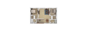 A top down view of a small apartment with a bedroom, living room, and kitchen.