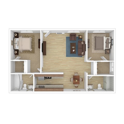 A top down view of a small apartment with a bedroom, living room, and kitchen.