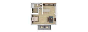 A top-down view of a living room with a couch, coffee table, and a rug.
