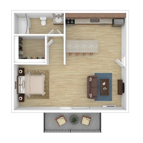 A top-down view of a living room with a couch, coffee table, and a rug.