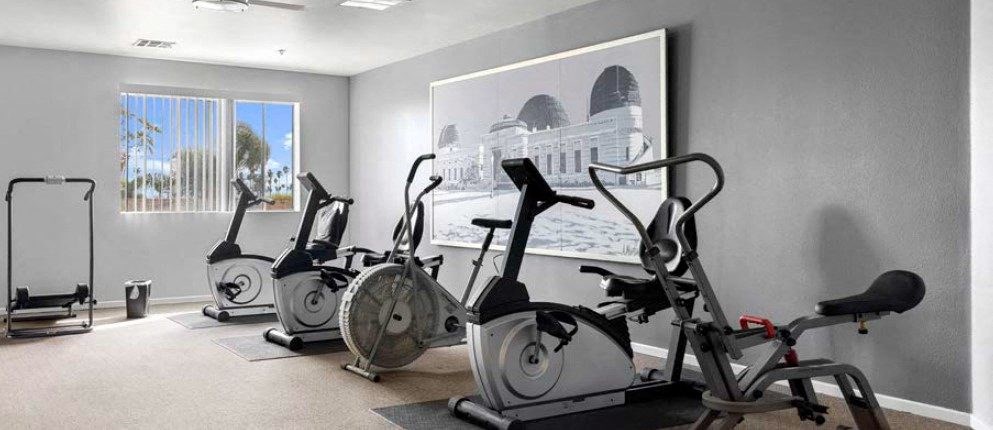 a group of exercise bikes sitting next to each other