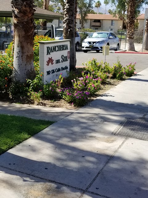 a sign on the side of a sidewalk next to a tree