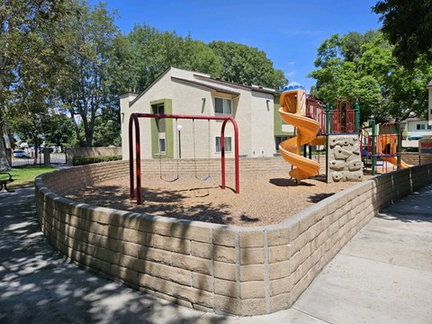 a playground with a slide and monkey bars in a park