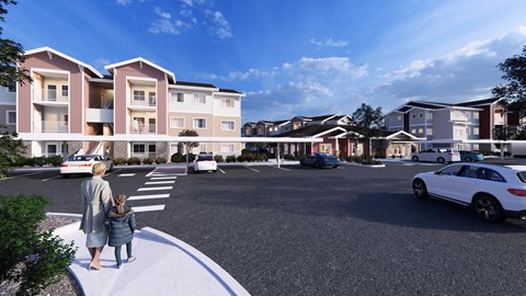 a rendering of a woman and a child walking across a street in front of apartments