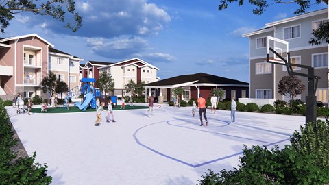 a rendering of a basketball court in the middle of an apartment complex with people playing