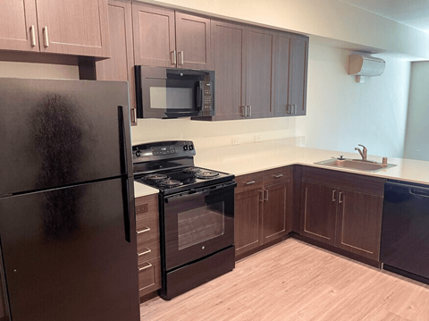 A kitchen with a black refrigerator and black stove.