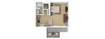 A top-down view of a small apartment with a bedroom, living room, and kitchen.