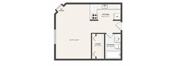 A floor plan of a room with a kitchen, bathroom, and closet.