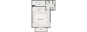 A floor plan of a house with a living room, kitchen, bathroom, and patio.