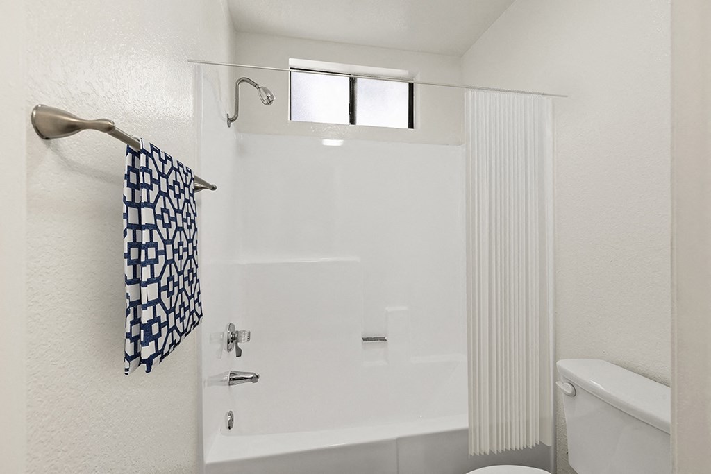 shower in bathroom of studio apartment at Harbor Terrace Apartments, California, 90731