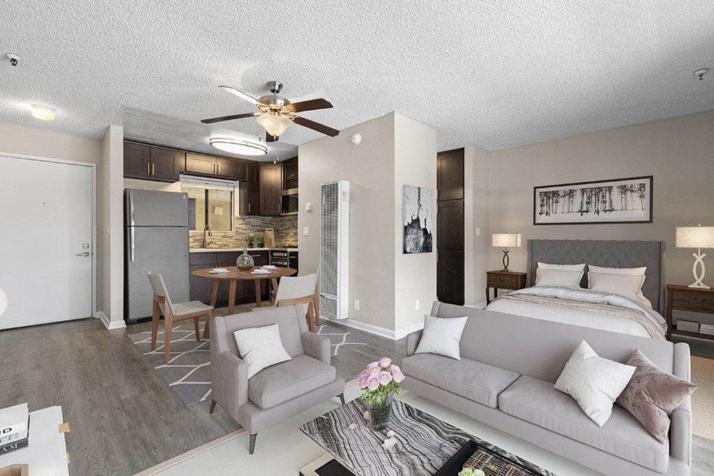 living bedroom kitchen of studio apartment at Harbor Terrace Apartments, California, 90731