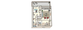 A drawing of a house with a kitchen, living room, and bathroom. at The Arbors Santa Ana, California, 92705