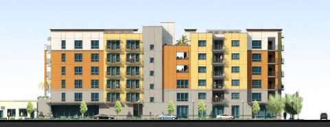 a rendering of an apartment building with cars in front of it