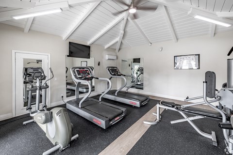 A gym with treadmills, elliptical machines, and a fan at The Arbors Santa Ana, California, 92705