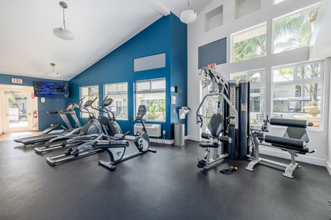 A gym with a variety of equipment including treadmills, stationary bikes, and weight machines at The Marquee Apartments, California 91605