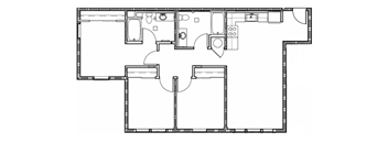 A black and white image of a floor plan with a kitchen, living room, and bathrooms.