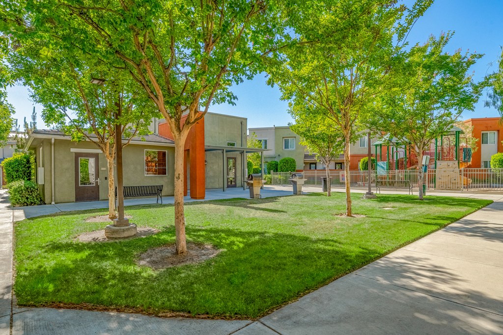 a courtyard with trees and houses in the background