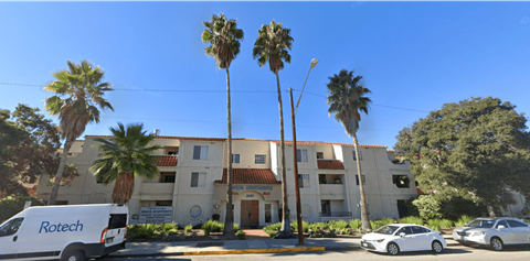 A white van with the word "Rotech" on it is parked in front of a building with palm trees.