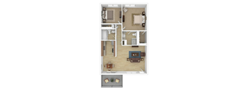 A top-down view of a small apartment with a living room, kitchen, and bathroom.