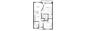 A black and white image of a floor plan for a two bedroom apartment.