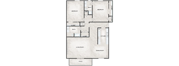 A floor plan of a house with two bedrooms, a living room, a dining room, a kitchen, a patio, and a bathroom.