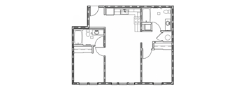 A black and white floor plan of a house with a kitchen, living room, and bathroom.