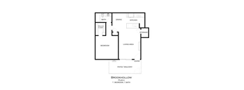 A black and white image of a Brookhollow floor plan with one bedroom and one bath at Brookhollow Apartments, West Covina , CA