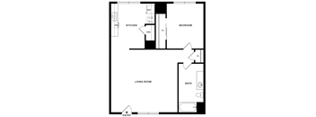 A black and white image of a floor plan for a small apartment.