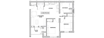 A floor plan of a house with a kitchen, two bedrooms, a living room, a bathroom, a hallway, and a pantry.