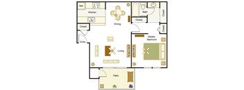 A floor plan of a house with a kitchen, living room, dining room, and master bedroom.