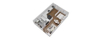 A top down view of a small apartment with a kitchen, living room and bathroom at The Marquee Apartments, North Hollywood 91605
